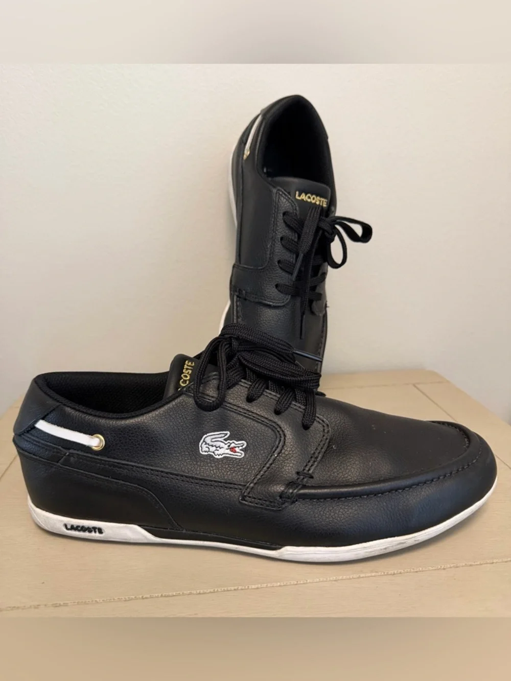 Lacoste Dreyfus AP SPM Black Boat Shoe Leather Sneakers Men’s size 9.5 GUC